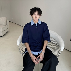 藏青色假两件短袖男款夏季潮牌衬衫拼接t恤重磅美式学院风polo衫，男装Polo衫，四季星座505
