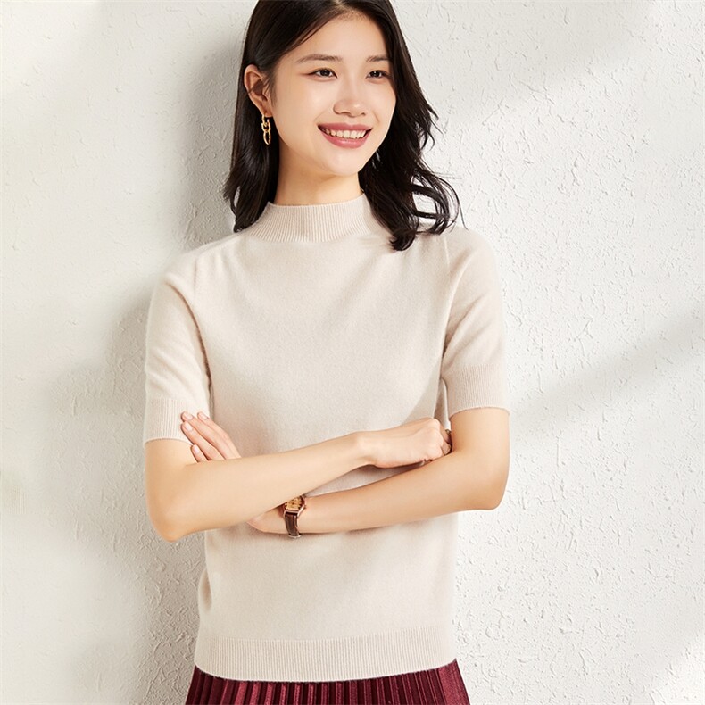 套头纯色短袖半高圆领2024年秋季羊绒针织衫,女装羊绒衫,庆大羊绒