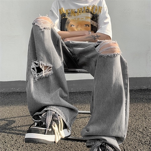 美式街头hiphop破洞牛仔裤直筒高街vibe风长裤N01512-P48图片