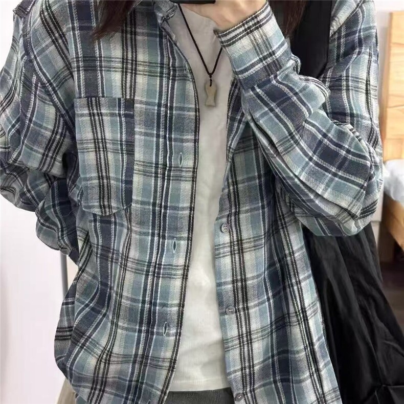 美式磨毛格子衬衫男春夏季潮牌宽松休闲cleanfit学生长袖衬衣外套,男装防晒衣,星座513