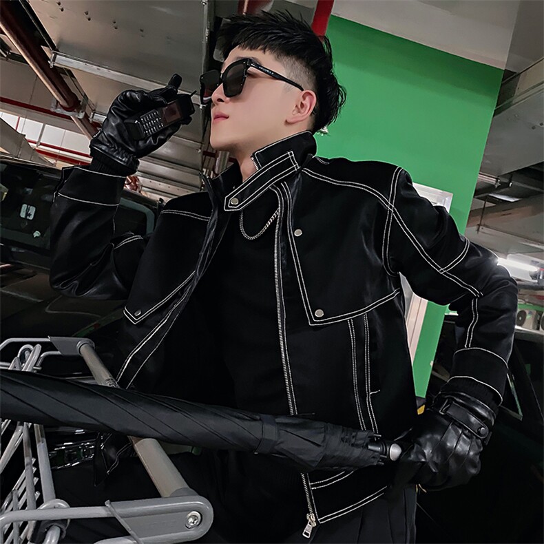 AF35/P130控170/2秋季社会小伙立领复古重工明线夹克外套男黑首,男装夹克,星座305B-1