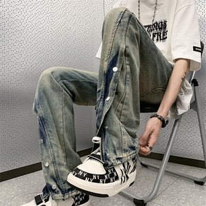 美式排扣牛仔裤vibe美式高街潮阔腿裤设计感宽松裤子男17113-P58图片