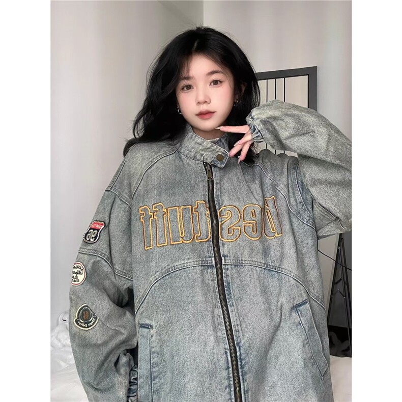 美式复古机车风vintage牛仔外套女2025春秋款刺绣重工夹克宽松潮,男装工装外套,星座1210-1