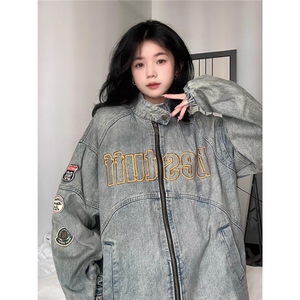 美式复古机车风vintage牛仔外套女2025春秋款刺绣重工夹克宽松潮图片