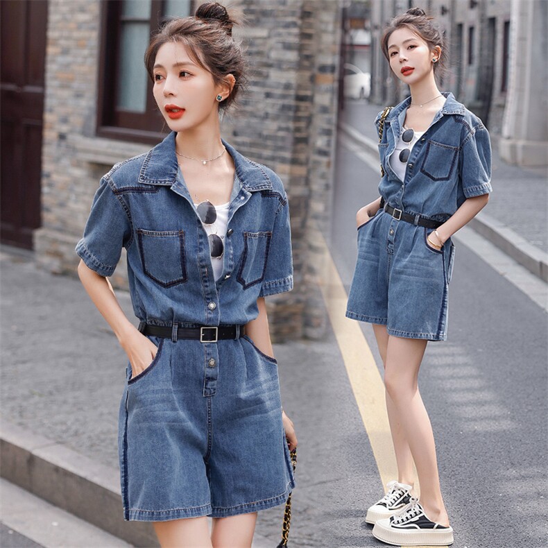 复古高级显瘦牛仔连体短裤潮2024夏新款欧货时髦流行薄款连衣裤女，女装连体裤，钱塘布衣