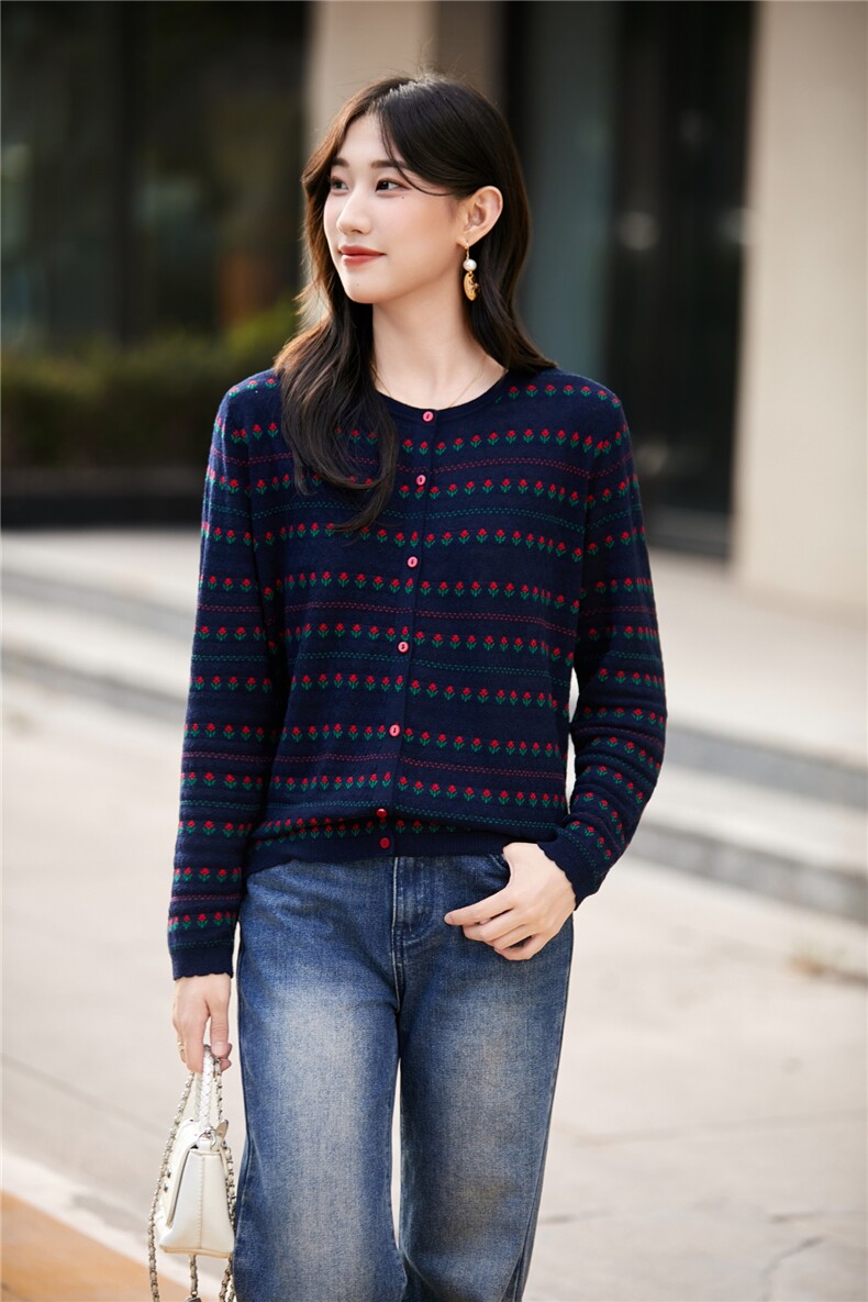 早秋时尚提花针织开衫外套女2025新款春秋外搭洋气大码女装上衣,针织衫/毛衣,晨旭羊绒