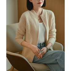 100%纯羊毛拉链开衫女圆领菱形扭花针织衫外套宽松羊绒衫长袖毛衣，女装羊毛衫，宋氏羊绒