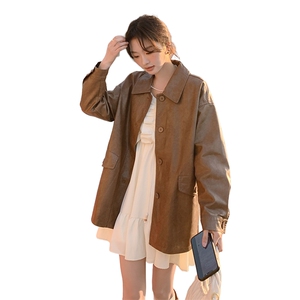 皮衣外套女中长款2025年春秋新款韩版宽松大码休闲机车服夹克上衣图片