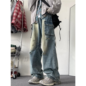 美式复古破洞工装牛仔裤男秋季新款宽松阔腿裤子高街N0027-P55图片