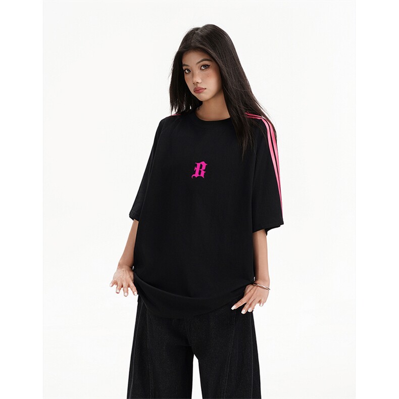 抖音得物高品质二开240克宽松纯棉美式潮牌三条杠织带短袖T恤，男装T恤，电商A486-1