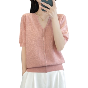 春夏精纺羊毛衫针织五分袖女V领钉珠短袖T恤宽松提花半袖打底上衣图片