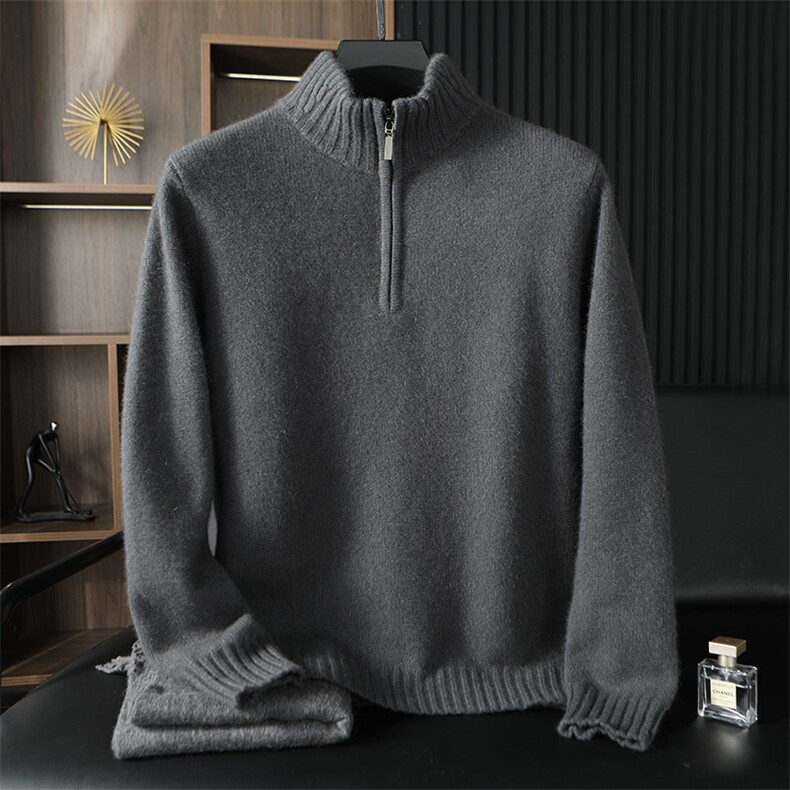 男士秋冬季新款舒适时尚休闲圆领半拉链羊绒衫，男装羊绒套衫，台绒羊绒