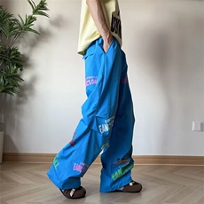 休闲裤男女韩版潮流字母阔腿帅气2025夏季ins新款长裤K6426-P43，男装休闲裤，星座412-3