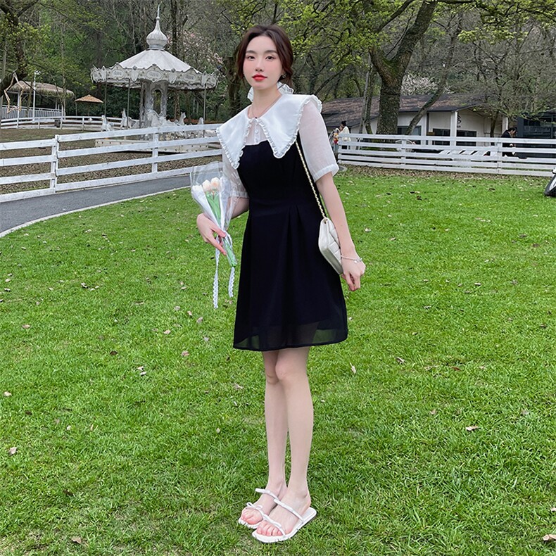 韩版学院风拼色连衣裙女2024夏季新款大尖领设计收腰气质感裙子,女装连衣裙,唯依ONLY