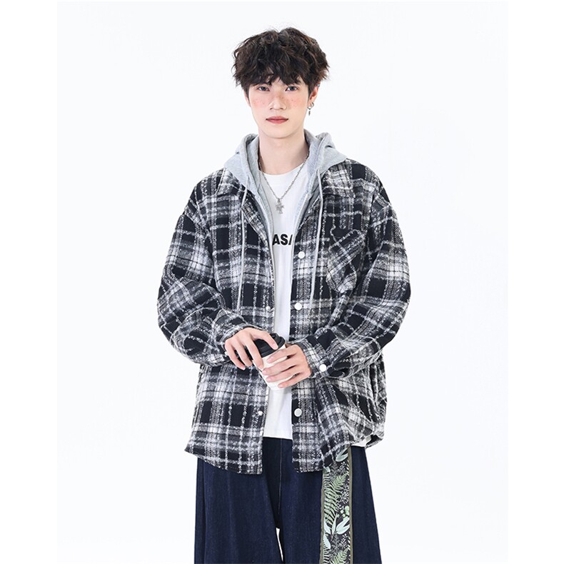 潮宽松连帽格子假两件情侣长袖外套XZ402-2-P78控98-JK2508大货足,女装短外套,星座402-2