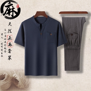长年现货夏男中老年风亚麻套装中年短袖T恤套装棉麻长裤图片