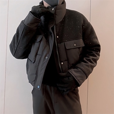 B04/P108控148冬季高级感满天星亮片短款拼接呢子棉衣外套男黑首1，男装棉衣，星座305B