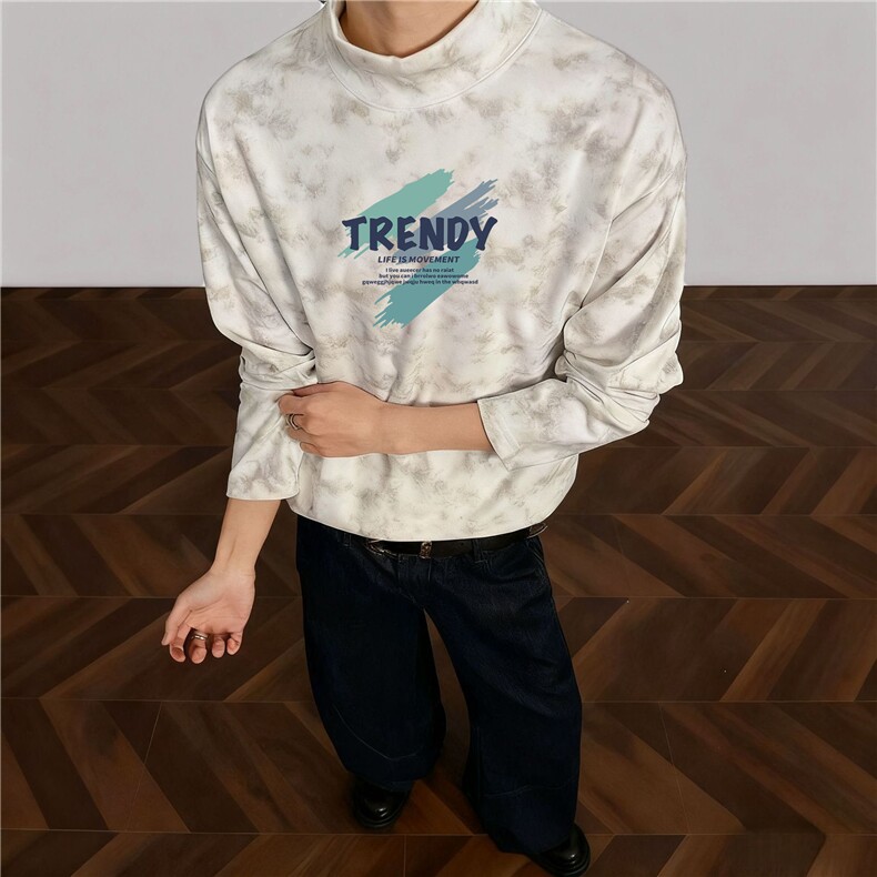 1506-1/TQ77541/P32高领印花打底衫男2025新款港风印花修身内搭，男装T恤，星座1506-1