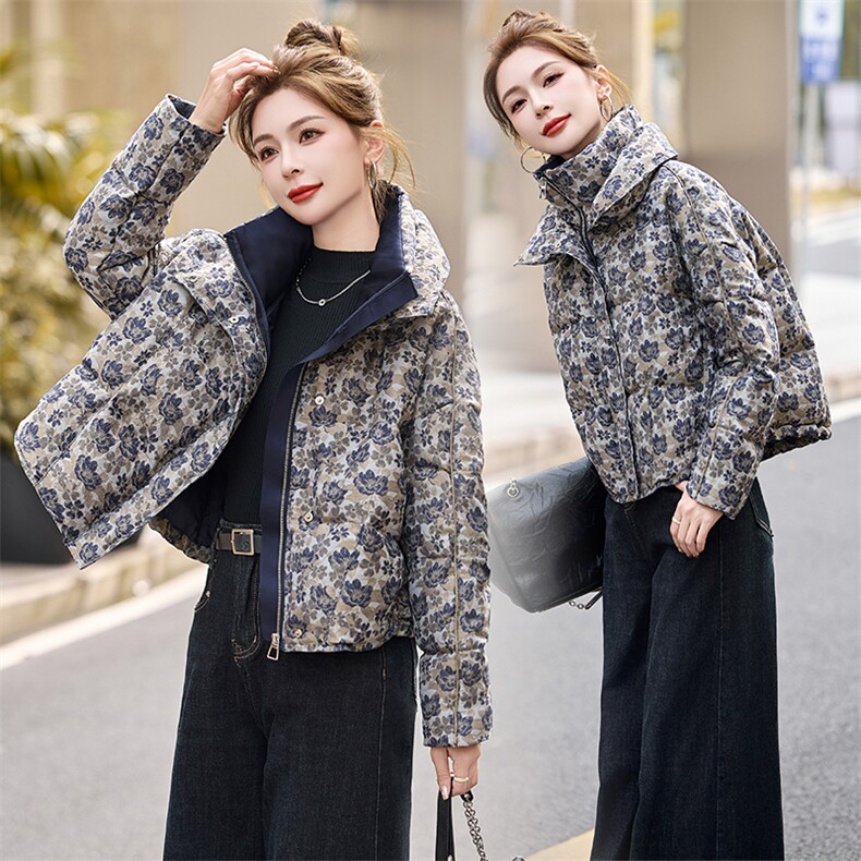 2024年冬季90白鸭绒提花立领羽绒服，女装羽绒服，艾尚靓装