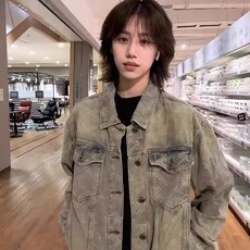 满印印花水洗牛仔外套春秋款男美式复古hiphop工装夹克高级感上衣，男装工装外套，星座1210-1