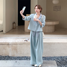 26春新款现-浅蓝温柔风拼接格子西装套装2628-P180K288，女装套装/套裙，2B190
