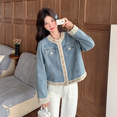 蕾丝花边拼接牛仔外套女春秋2025新款小香风减龄上衣独特漂亮百搭，女装短外套，2C218