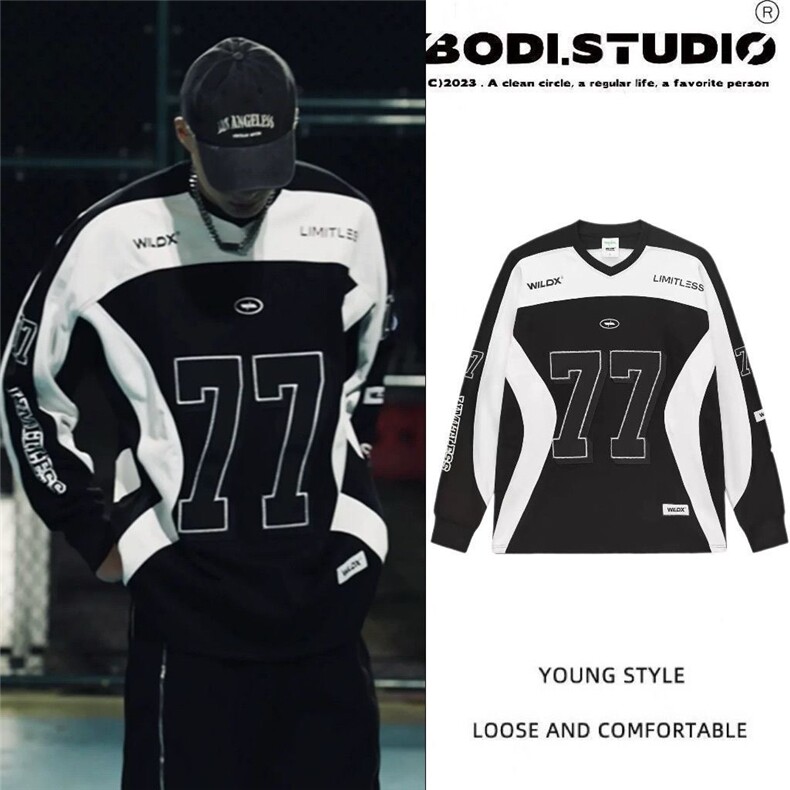 秋冬季新品77号美式复古街头冰球服长袖拼接宽松卫衣WYS01P36,男装卫衣,星座1013-5