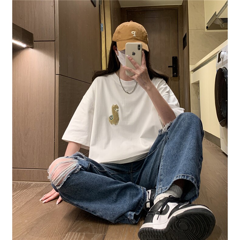 中性夏季毛巾绣羊驼卡通圆领宽松半袖T恤女短袖潮D289P25控39,男装T恤,电商A335-1（原A458）