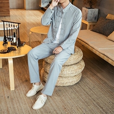 秋冬大码风棉麻亚麻盘扣套装复古唐装汉服两件套TZ03/P120，男装休闲套装，电商A221A