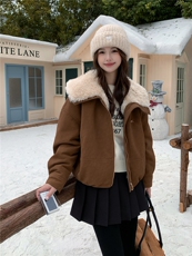 翻领麂皮绒短外套女加厚2025冬季新款小个子毛领保暖夹克皮毛一体，女装短外套，慧尚2-185