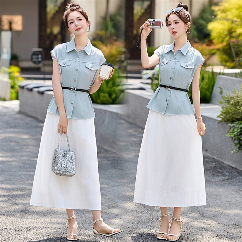 2025夏季新款短袖衬衫腰带收腰中长款半身裙两件套气质时尚套装女，女装套装/套裙，魅丽静蓝