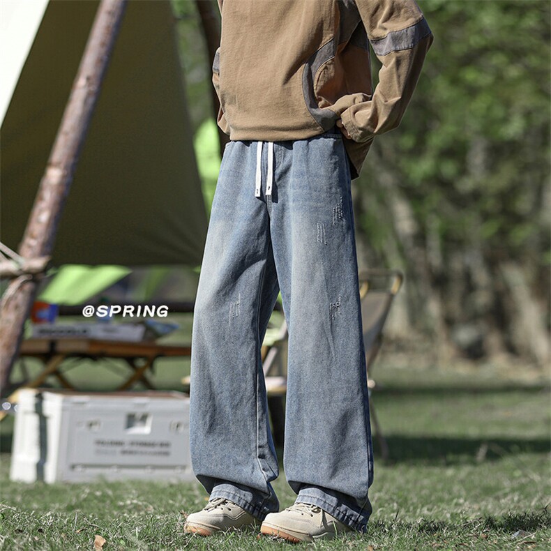 2026春款新款抽绳设计休闲长裤复古港风高街直筒牛仔裤K392-1TP33，男装牛仔裤，电商A102B