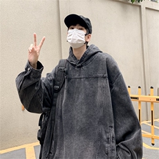 做旧水洗连帽牛仔卫衣男女秋街头风宽松情侣外套夹克男XX07P62，男装工装外套，星座1013-5