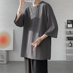 短袖男夏季新款宽松港风暗纹冰丝大码五分袖上衣T恤T9908-P30图片