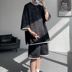 TZ775-特P50控88新款撞色拼接假2件套装短袖短裤T恤大码百搭，男装休闲套装，电商A059