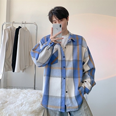 衬衫男秋季新款港风宽松大码磨毛格子长袖衬衣CS6636-特P29，男装衬衫，星座214-3