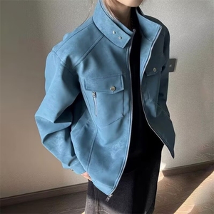 蓝色短款pu皮夹克男立领机车服皮衣工装外套513AJK2358P78图片