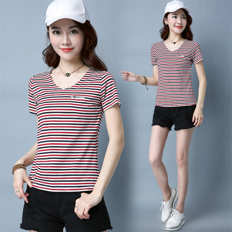 经典2025年夏季短袖常规修身拼接圆领粗横条纹T恤，女装T恤，板酷