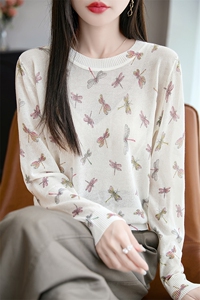 2025新款精纺羊毛针织衫女圆领蜻蜓印花长袖T恤薄款防晒衫打底衫图片