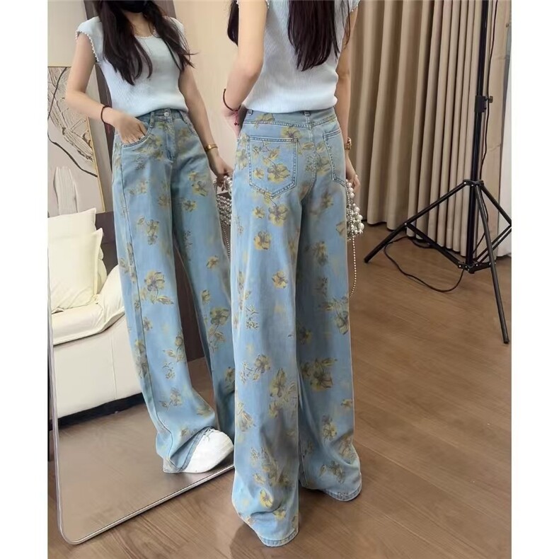 黄碎花直筒牛仔裤女夏季薄款2025年新款显瘦阔腿宽松设计感裤子女,男装牛仔裤,星座1210-1