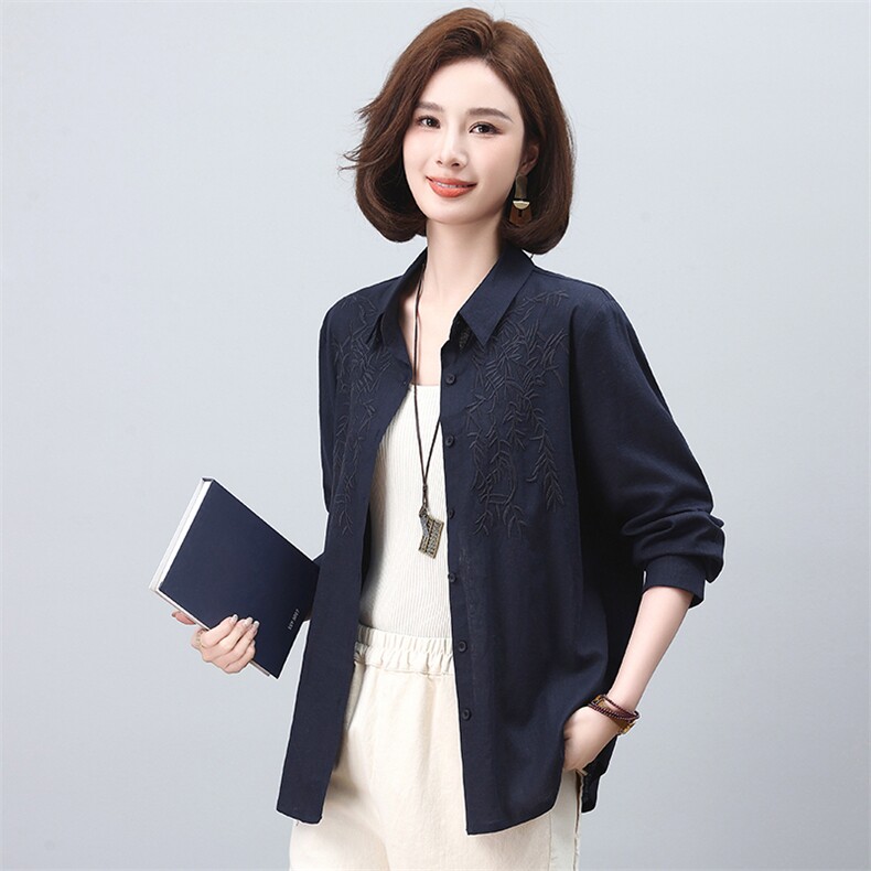 亚麻长袖衬衫女2024年春秋新款大码宽松中年妈妈薄款休闲刺绣衬衣,女装衬衫,独衣靓
