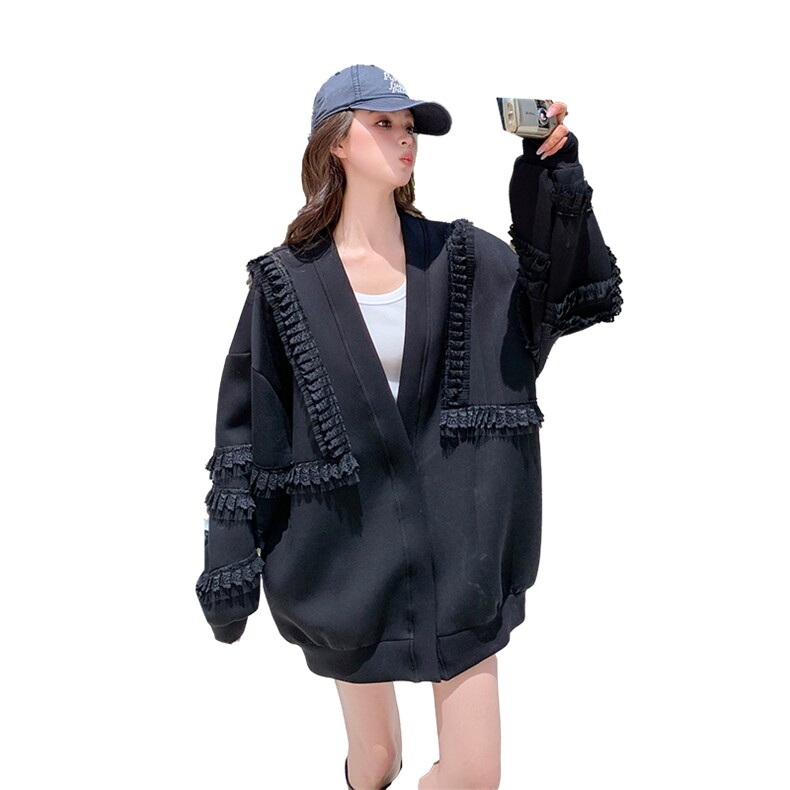 高级小众韩系慵懒chic黑色外套女春秋超火好看独特漂亮短夹克上衣,女装卫衣/绒衫,2C022