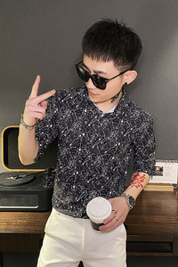 312A-104-P55 新款社会小伙中袖衬衫韩版潮流男士五分袖衬衣A图片