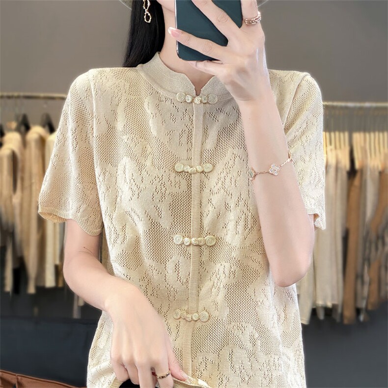 冰丝针织短袖t恤女2024新款中式女装大码洋气薄款中国风盘扣上衣,针织衫/毛衣,萱芳婷羊绒