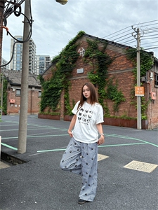 XZ-221-1/K71/P55美式排扣直筒裤蓝色格纹花朵刺秀休闲裤图片