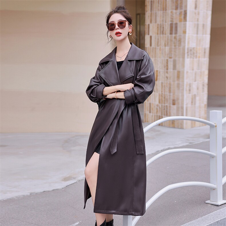 高端时尚过膝长款皮衣外套女2024春秋季新款洋气宽松显瘦大衣风衣,女装风衣,曼琳思菲