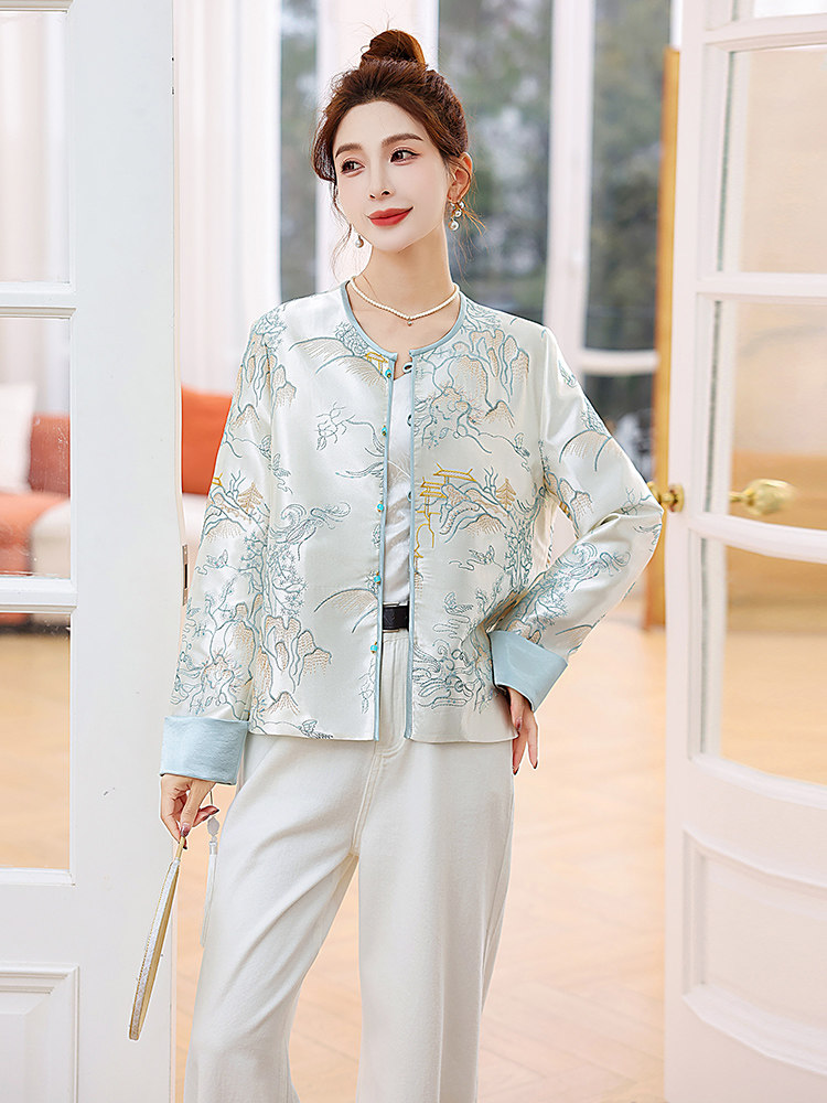 新中式重工亮片刺绣圆领短外套女2026春季新款小个子气质唐装上衣,女装短外套,奕薇雅