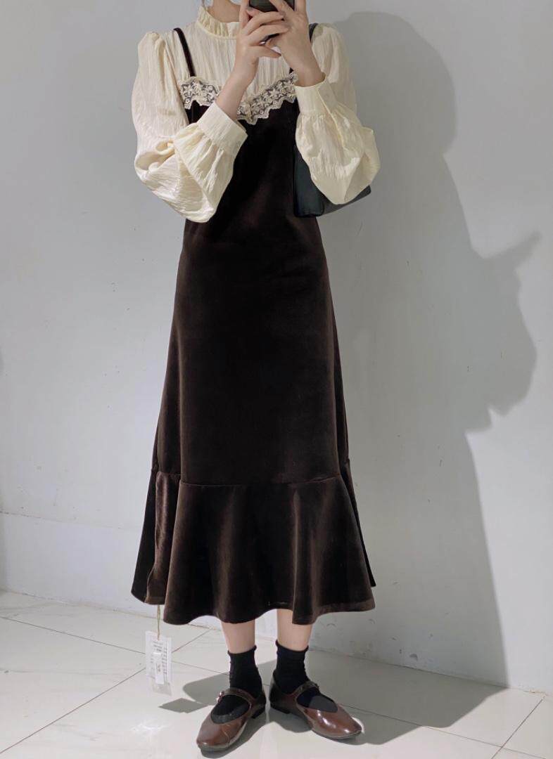 拼接丝绒鱼尾连衣裙，女装连衣裙，驿谷