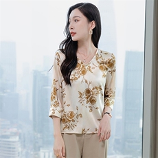 五分袖真丝衬衫女上衣T恤2026春夏装中袖印花中年妈妈真丝小衫t，女装衬衫，阿舍尔精品
