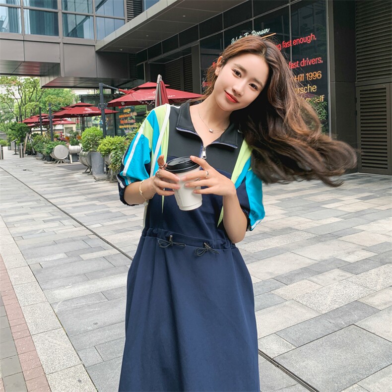 撞色条纹休闲卫衣裙女中长款夏季收腰设计感polo领针织t恤连衣裙，女装连衣裙，帛香坊